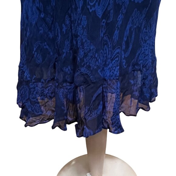 Vtg Paradise NY Blue Lace Look Maxi Dress Bias Cut Ruffle Sleeves Sequin Lined L - Picture 8 of 9